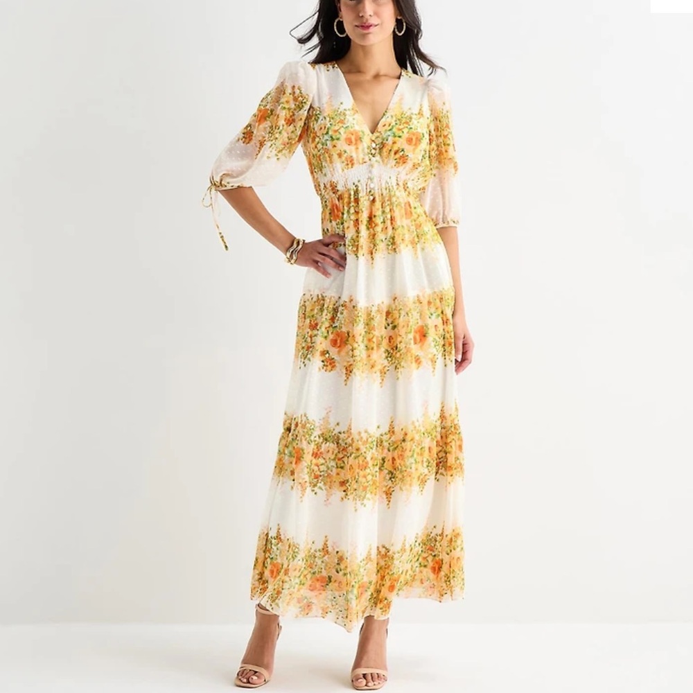 Melonie T Floral Maxi Dress in White and Yellow Sz 10 NWT $94